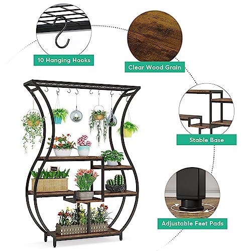 Tribesigns 6-Tier Plant Stand, 70.9 Inch Tall Plant Shelf with 10 Hanging Hooks, Vase Shape Ladder Plant Stand, Multi-Purpose Plant Display Rack for Indoor, Balcony, Living Room, Brown and Black