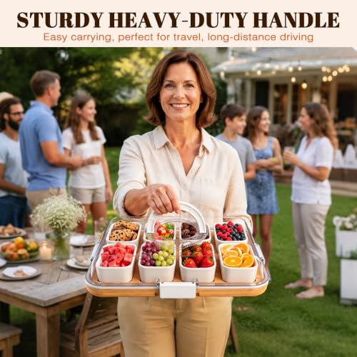 Portable Charcuterie Boards with Lid, 8 Ceramic Bowls, Serving Tray | Clear Lid Keeps Food Fresh, Travel Portable Board for Kitchen, Picnic and Party, House Warming Gifts New Home - color: 8 Compartments White
