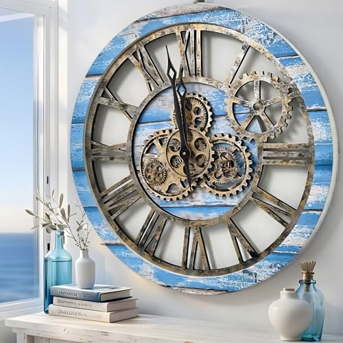 The Gears Clock The Original Real Moving Gear Wall Clock Vintage Industrial Oversized Rustic Farmhouse (24 inch (60cm), Vintage Ocean Blue and Bronze) - color: Vintage Ocean Blue and Bronze