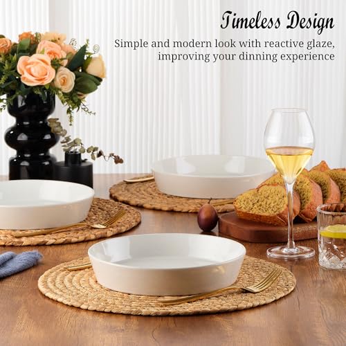 E-far Pasta Bowls, 34oz Stoneware Bowl Plate for Dinner Serving Soup Salad, Wide & Shallow Large Ceramic Pasta Plate Set of 4, Microwave & Dishwasher Safe, Speckled White, 8.7” - color: Speckled White