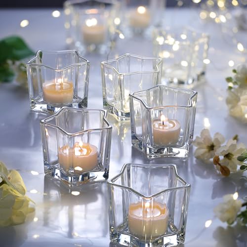 Letine 8pcs Clear Star Tea Light Candle Holders - Glass Votive Holders for Diwali, Wedding Centerpiece, Fall & Holiday Decor - Lucky Star Jar Starlight Vessels (2.44" H, 1.45" Base) - color: Clear, size: 8pcs