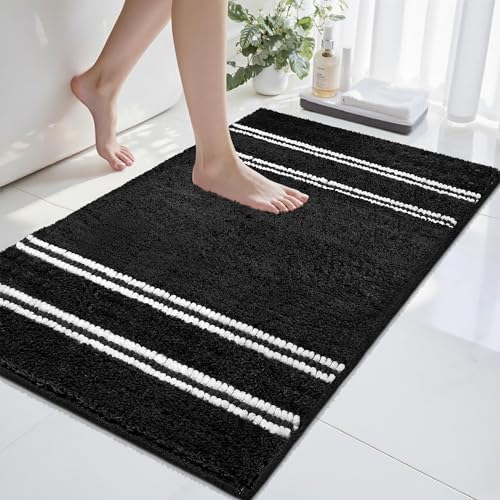 Bathroom Rugs Non Slip Washable 24x17, Ultra Soft Super Absorbent Bath Rugs for Bathroom Floor, Shaggy Chenille Bath Rug, Microfiber Plush Quick Dry Bath Mat for Bathtub, Sink and Shower, Black - color: Black, size: 17''x24''