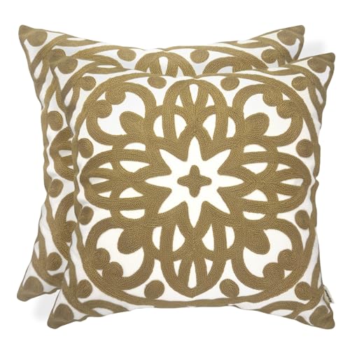 Alysheer Embroidered Summer Decorative Throw Pillow Covers 18"x18" Set of 2, Classic Boho Mandala Green Pattern Cotton Canvas Chic Cushion Cases for Sofa Couch Bed Living Room Decor (Taupe Khaki) - color: Taupe Khaki, size: 18" x 18" (Pack of 2)