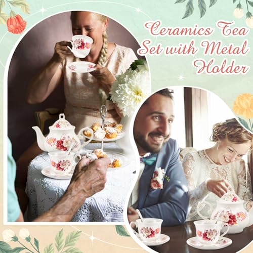 Zhehao 20 Pcs Porcelain Tea Set with Metal Holder and Spoon Adult Ceramic Tea Set European Flower Painting Teapot Cup Saucer Spoon for Women Mom Gift, Large Version (Grace Style) - color: Grace Style