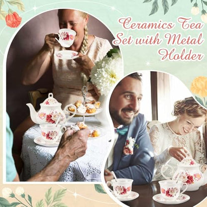 Zhehao 20 Pcs Porcelain Tea Set with Metal Holder and Spoon Adult Ceramic Tea Set European Flower Painting Teapot Cup Saucer Spoon for Women Mom Gift, Large Version (Grace Style) - color: Grace Style