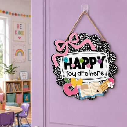 Kajaia Teacher Classroom Door Sign Back to School Notebook Composition Decor 13 in Wooden Smile Face Preppy Welcome Door Sign Happy You Are Here Teacher Gift for First Day of School Preschool Wall