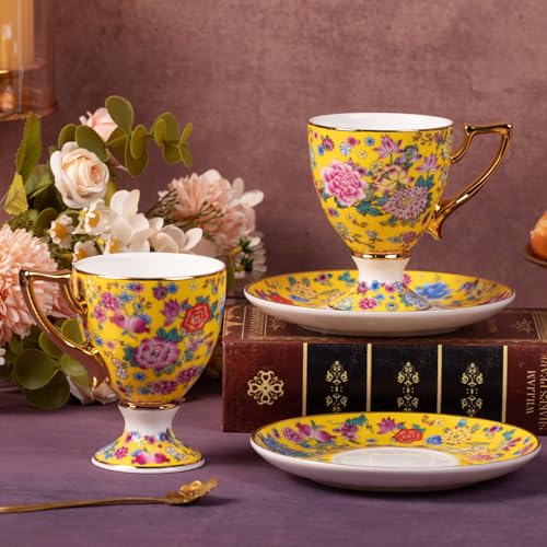 KAMMAK Tea Cup and Saucer, Ceramic Coffee Cups, 7 oz, Set of 2 | Porcelain Tea Cups with Saucers for Coffee and Cappuccino, Ideal for Breakfast, Afternoon Tea and Entertaining,622N - style: 622N