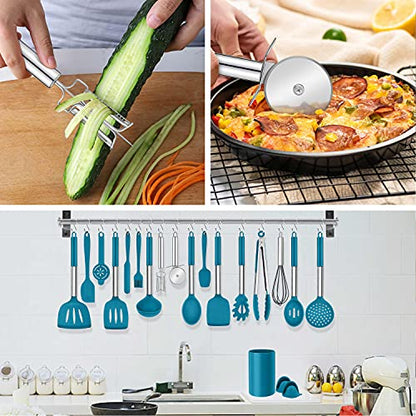 LIANYU 43 Pcs Silicone Kitchen Cooking Utensils with Holder, Heat Resistant Spatula Set with Stainless Steel Handle, Kitchen Cooking Gadgets Tools for Nonstick Cookware Set, Blue - color: Blue