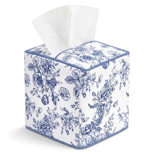 Blue Fabric Tissue Box Cover Floral Print Cotton Tissue Box Decorative Square Napkin Holder Vintage Cottagecore Home Decor for Bathroom Bedroom Vanity Countertop Home Office Kitchen - color: Blue, style: Classic