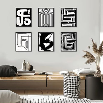 WEBEEDY 6 Pack Black and White Abstract Wall Art Minimalist Geometric Canvas Prints Wall Art Set Unframed Striped Pictures 8x10 Inch Modern Geometric Line Art Print for Office Boho Home Decor