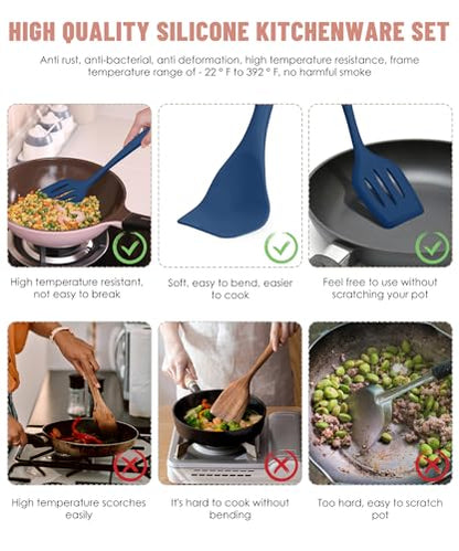Blue Kitchen Utensils Set-12 Pieces Silicone Cooking Utensils Set | Dishwasher Safe 392°F Heat Resistant Spatula Set Kitchen Utensil Set for Nonstick Cookware,Best Kitchen Tools with Holder - color: Blue