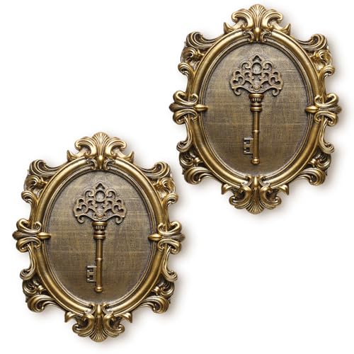 Vintage Key Wall Sculptures 2 Pack Antique Wall Decor Hallway Wall Art for Home Hand Painted Decoration with Embossed Key Design Vintage Decor for Living Room Bedroom Gallery Unique Gifts (Gold keys) - color: 2 Pcs Keys