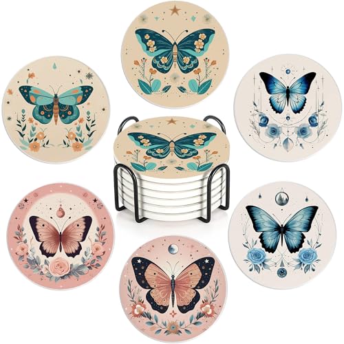 Coaster for Drinks Set of 6, Boho Butterfly Flower Absorbing Round Ceramic Stone Coaster with Cork Base,Tabletop Protection Mat for Mugs and Cups,Coffee Table Wine Glass Home Bar 4 Inch - color: Boho Butterfly Flower