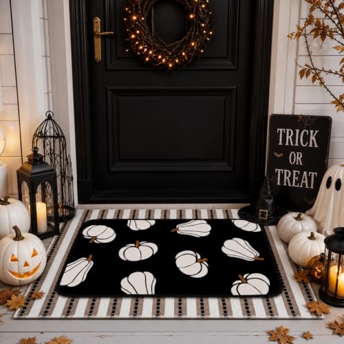 Tinideya 2 Pcs Halloween Layered Doormat Set, Neutral Pumpkin Outdoor Front Door Mat with Striped Layering Rug, Non Slip Fall Halloween Porch Entryway Outside Decor - size: 16 x 28 Inch,24 x 35 Inch, style: Fall Pumpkin