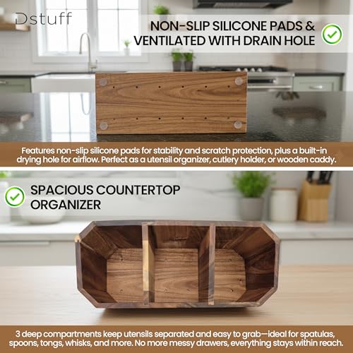 Large Kitchen Utensil Holder for Countertop – Acacia Wood Utensil Organizer with 3 Compartments, Beveled Edges Design, Non-Slip Silicone Pads & Drain Hole – Rustic Farmhouse Utensil Caddy Crock - size: 3 Compartment