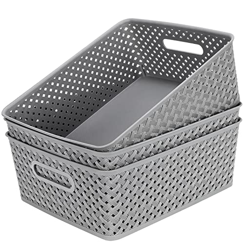 MaxGear 3 Pack Plastic Storage Baskets, Large, Grey | Durable Woven Plastic with Built-In Handles, Suitable for Shelves, Closets, Cabinets, Bathrooms and Offices - color: Grey, size: Large