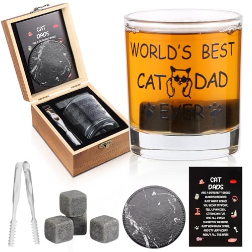 Bayelove Cat Dad Gifts, Best Gift for Dad, Gift with 12oz Whiskey Glasses, Stones, Coaster, Wooden Box for Catfather - color: Cat Dad
