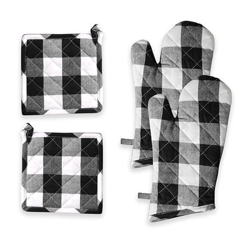 Oven Mitt & Pot Holder Buffalo Plaid Check 100% Cotton Heat Resistant Oven Gloves (7"x13") & Hot Pads (8"x8") Combo for Baking, Cooking - Black - color: Black, Buffalo Plaid