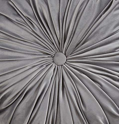 SARO LIFESTYLE Round Velvet Pintucked Poly Filled Throw Pillow - color: Grey, size: 1 Count (Pack of 1)