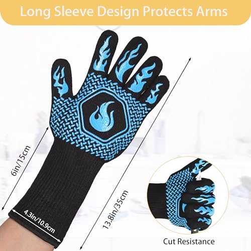 BBQ Gloves 1472F Heat Resistant Non-Slip Silicone (Sky Blue) | Grill Cut-Resistant 13.5in, Oven Kitchen Safe for Barbecue, Cooking, Frying - color: Sky Blue