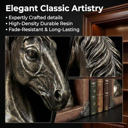 Heavy Duty Horse Bookends, 2.91lbs Resin Elegant Decorative Book Ends with Non-Slip Pads, Classic Animal Bookends for Bookshelf Office Desk Decor, Meaningful Home Décor Gift (Pair, 7.5") | Heavy Duty Weighted Design with Non-Slip Pads, Classic Animal Deco