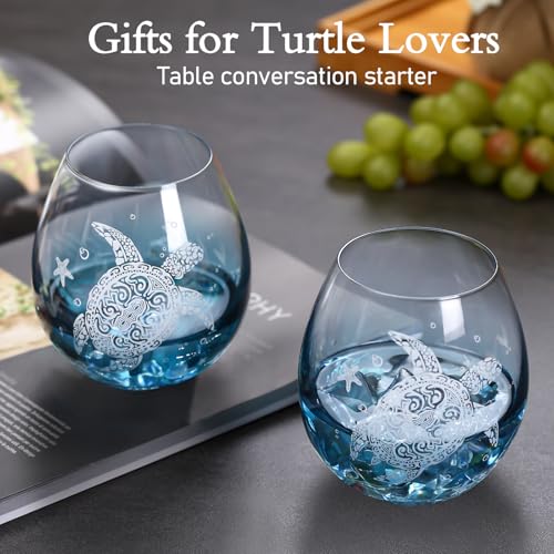 Physkoa Sea Turtle Stemless Wine Glasses-13.5oz Hand blown Stemless Wine Glasses set of 4 - Crackle teal design turtle wine glasses-Sea turtle lovers Gifts for Birthday(White) - color: White（4 Count）
