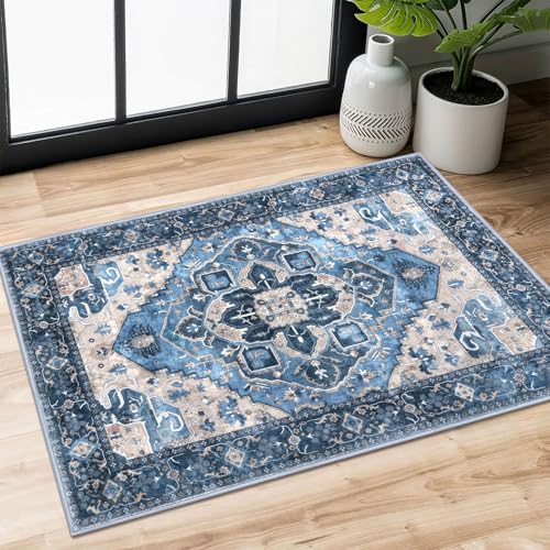 SIILOOM 2x3 Small Washable Area Rug Entryway Door Mat Indoor Kitchen Runner | Soft Boho Vintage Non Slip Entry Carpet for Entryway Kictchen Front Backdoor Hallway Bedside Bedroom, Easy Clean - color: Blue, size: 2' x 3' (Rectangular)