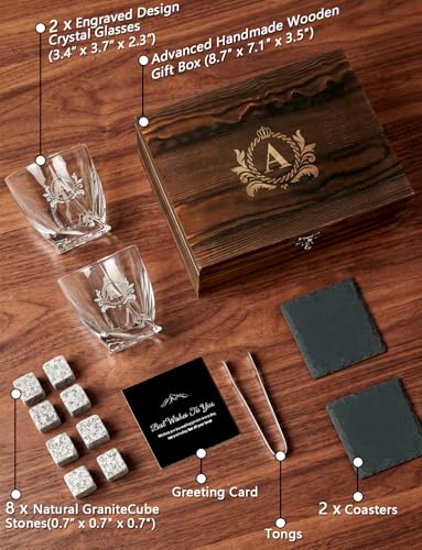 Personalized Whisky Glasses Set of 14 , Gift for Men Husband (Initials D) | (2 Crystal Glasses, 2 Coasters, 8 Ice Molds, 1 Tong, 1 Gift Box), 10oz Tumblers for Bourbon Scotch Cocktails, Gifts for Him