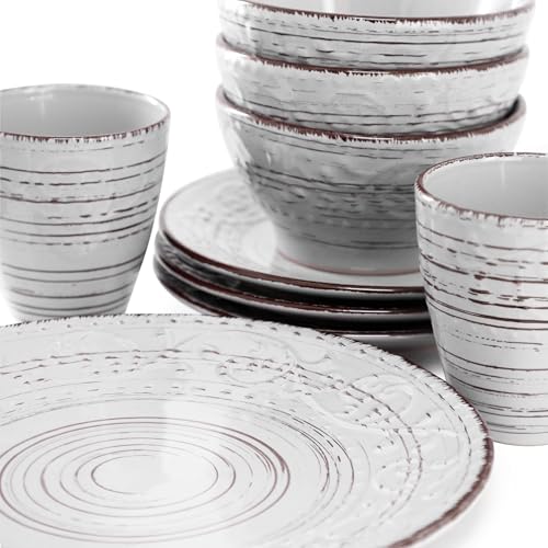Elama Malibu Calcite 16-Piece Stoneware Embossed Pattern Reactive Glaze Light Gray Dinnerware Set, Tableware, Serveware Set (Calcite Gray) - color: Calcite Gray