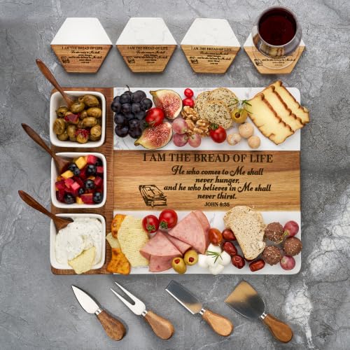 AWESOMETIK Personalized Bible Verse, Acacia Wood & Marble Charcuterie Board – Custom Engraved Cheese Board with Knife Set – Perfect Wedding & Housewarming Gift - Christian Wedding Gift