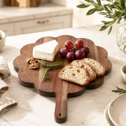 Scalloped Acacia Wood Boards with Handle, Acacia Wood Scalloped Cutting Board, Wooden Cutting Board, Round Decorative CuttingBoards for Cheese Meat Fruit Bread Baking(15.2 x 11.2 x 0.6 inch)