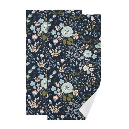 2 Pack Blue Flower Botanical Hand Towels for Bathroom,Soft Absorbent Aesthetic Green Black Floral Dish Kitchen Towels,Quick Dry Vintage Wildflower Decorative Towels for Bathroom,Gym 14"x28" - color: Blue Black