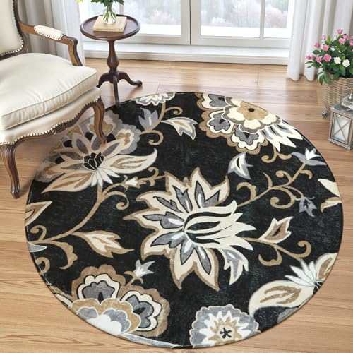 Lahome Floral Black Round Rugs - 3Ft Washable Round Area Rug Non-Slip Small Entryway Throw Soft Bedroom Circle Carpet Paisley Print Accent Distressed Circular Mat for Bathroom Sofa Living Room - color: 1-black, size: 3' (Round)