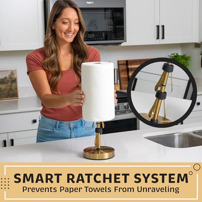 Heavy-Duty Stainless Steel Paper Towel Holder - Easy One-Handed Tear with Suction Cups - Modern Weighted Standing Countertop Dispenser for Kitchen - Holds All Paper Towel Rolls, Gold - color: Gold