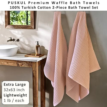 PÜSKÜL 2-Piece Natural 100% Turkish Cotton Waffle Bath Towels Extra-Large | Pink Powder 32x63" Bath Sheet Towel Light Soft Absorbent Quick-Dry Lint-Free Premium Honeycomb Weave Oeko-Tex Made in Turkiye - color: Pink Powder