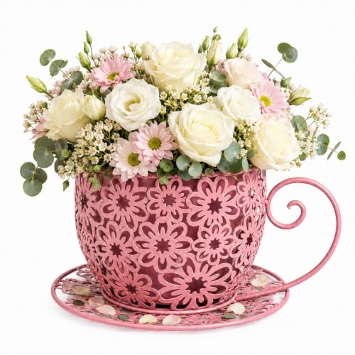 Coffee Cup Planter Pot Metal Teacup Flower Pot for Indoor Outdoor Garden Patio Decor, Vintage Hollow Floral Pattern with Saucer and Handle, Stable 10 Inch Wide Base, Pink - color: Pink