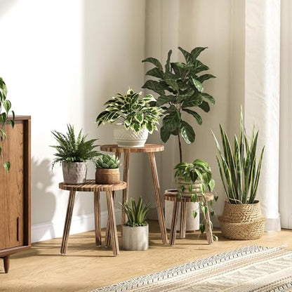 Plant Stand Indoor - 3-Pack Taller Single Wood Plant Stand for 6-12 Inch Pots, Mid-Century Modern Plants Stool for Large Plants, Small Round Wooden Planter Table for Living Room, Balcony