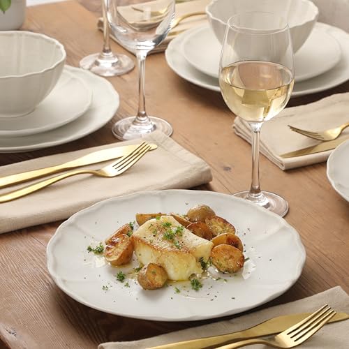 Gibson Elite Vista Rossio - Made In Portugal - 12 Piece Dinnerware Set for 4, White Ceramic Plates and Bowls Sets, Stoneware Dishware Set with Scalloped Edge, Dinner Plates Salad Plates & Cereal Bowls - color: White (Vista Rossio Dinnerware)