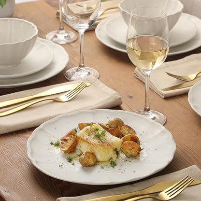 Gibson Elite Vista Rossio - Made In Portugal - 12 Piece Dinnerware Set for 4, White Ceramic Plates and Bowls Sets, Stoneware Dishware Set with Scalloped Edge, Dinner Plates Salad Plates & Cereal Bowls - color: White (Vista Rossio Dinnerware)