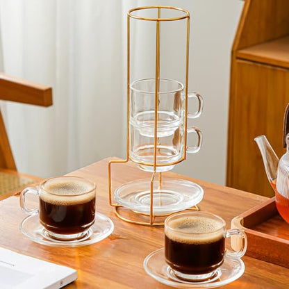 5.4 oz Espresso Cups Set of 4,Stackable Glass Coffee Cups with Cup Holder | with Saucers Spoons,Clear Tea Cup Espresso Cups Set for Home Office Break Room Tea Party