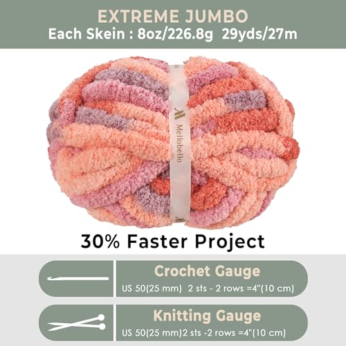 Jumbo Chunky Yarn for Hand Knitting - Super Thick Chenille Chunky Yarn for Crocheting - Extra Soft Bulky Fluffy Blanket Big Yarns 8 Jumbo Pack (27yds,8 oz Each Skein) - color: Sunset Sherbet