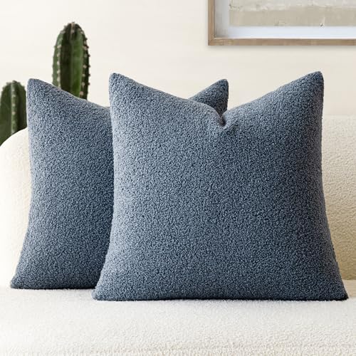 Foindtower Pack of 2, Curly Faux Fur Decorative Throw Pillow Covers Soft Fuzzy Plush Cushion Case with Zipper Cozy Pillowcase for Home Living Room Couch Bed Sofa 16 x 16 Inch, Blue - color: Steel Blue, size: 16" x 16" (Pack of 2)