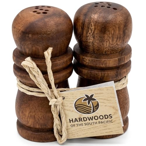 Handcrafted Hawaiian Acacia Wood Salt & Pepper Shaker Set – 4” Natural Wood Grinders, Anti-Clog Design, Sustainably Harvested, Kitchen Table Decor