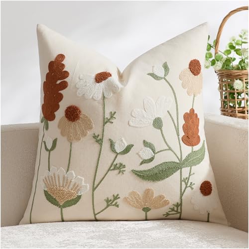 Floral Embroidered Decorative Pillow Cover 18x18 Spring Summer Fall Boho Cute Accent Throw Pillow Cover for Living Room Couch Bedroom Sofa Home Decor - color: Orange Floral, size: 18" x 18" (Pack of 1)