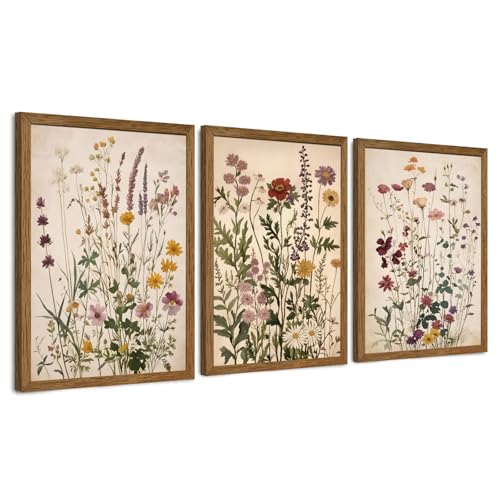 AVECCO 3 Piece Vintage Wildflower Botanical Framed Canvas Wall Art 16x24 in | Uv Fade-Resistant Ink, Giclée Print, Wooden Frame, Triptych Nature Floral Artwork, Ready to Hang, Living Room Bedroom Decor - color: Colorful, size: 24"L x 16"W
