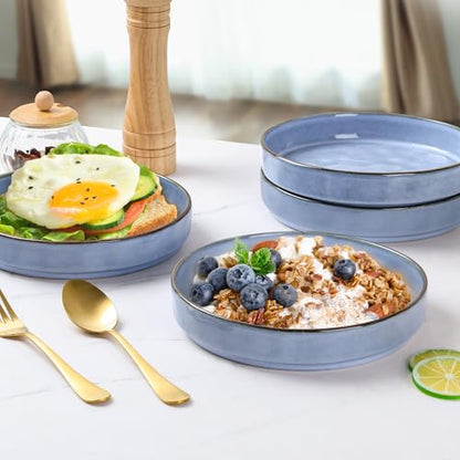 E-far Pasta Bowls Set of 4, 30oz Shallow Salad Bowls for Dinner Serving, 8.25" Stoneware Ceramic Bowl Plates for Noodle Soup, Microwave & Dishwasher Safe, Reactive Glaze, Blue - color: Blue