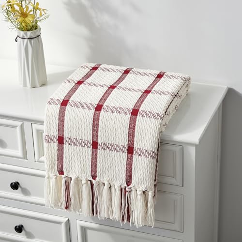 CREVENT 50"X60" Farmhouse Breathable Soft and Warm Chenille Plaid Throw Blanket for Sofa Couch Bed, Home Decoration Throw with Tassles (Red & White) - color: Chenille Red