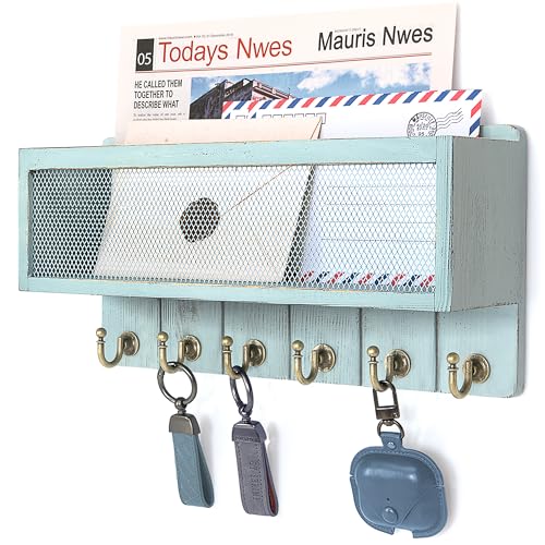Rebee Vision Key Holder Wall Mount with Mail Basket for Home Decor, Blue | Pine Wood, Key Holder for Wall, 6 Key Hooks, Wood Mail Organizer, Organizes Keys and Letters, Practical Gift, Home Essential - color: Blue