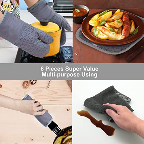 KEGOUU Oven Mitts and Pot Holders 6pcs Set, Kitchen Oven Glove High Heat Resistant 500 Degree Extra Long Oven Mitts and Potholder with Non-Slip Silicone Surface for Cooking (Grey) - color: Gray
