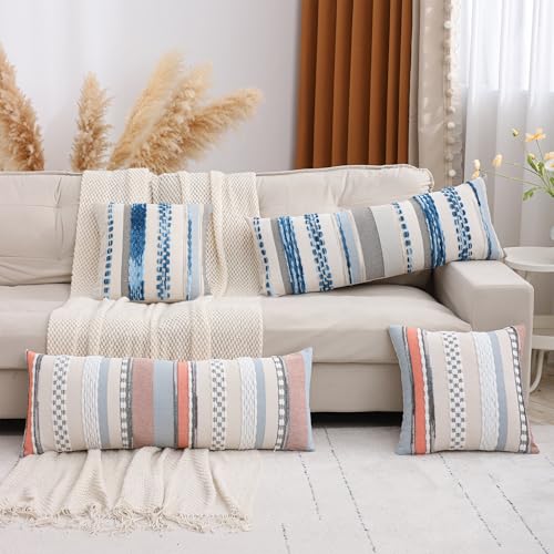 Boho Lumbar Throw Pillow Cover 14x36 Sky Blue | 1 Piece,Durable Fabric,Stripe Pillow Cover,Farmhouse Cushion Case,Chenille Pillow Case,Neutral Pillowcase for Sofa Couch Bed - color: Sky Blue Stripe, size: 36" x 14" (Pack of 1)